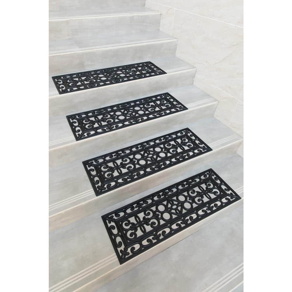 Black Scrollwork Rubber Anti-Slip Stair Tread Mats, Set of 4