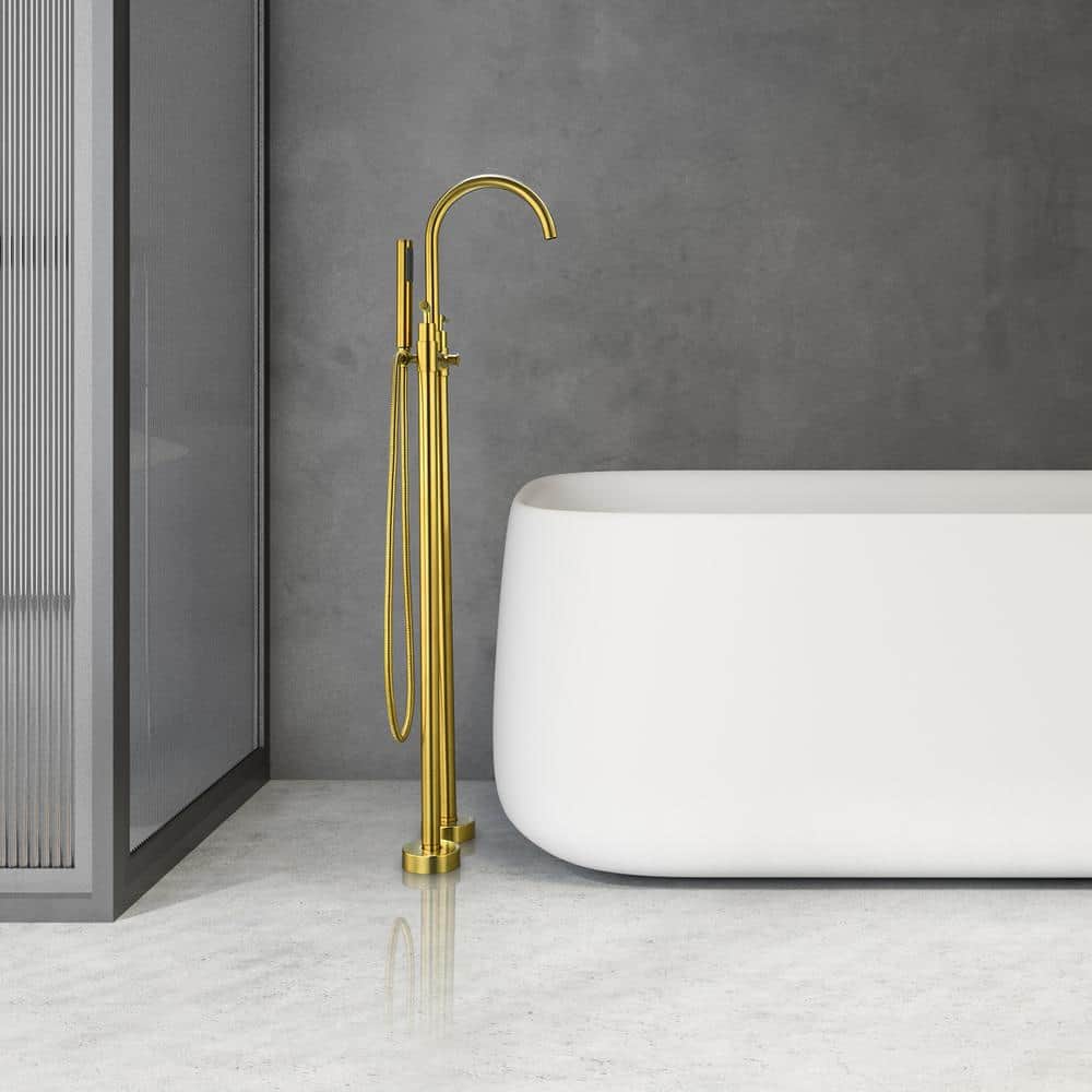 Brushed Gold Stainless Steel Floor Mounted Tub Filler with Handshower