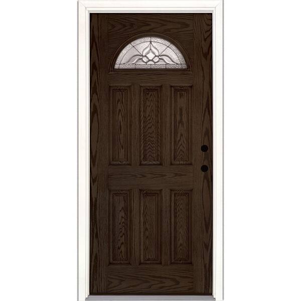 Feather River Doors 33.5 in. x 81.625 in. Lakewood Zinc Fan Lite Stained Walnut Oak Left-Hand Inswing Fiberglass Prehung Front Door
