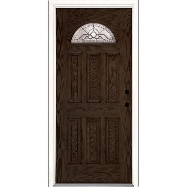 Feather River Doors 31.5 in. x 81.625 in. Lakewood Zinc Fan Lite Stained Walnut Oak Fiberglass Prehung Front Door