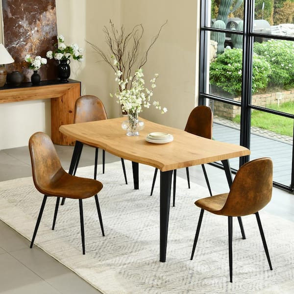 LAHAR 5-Piece Modern Farmhouse Dining Set-Natural Edge Table with Brown Faux Leather Ergonomic Chairs