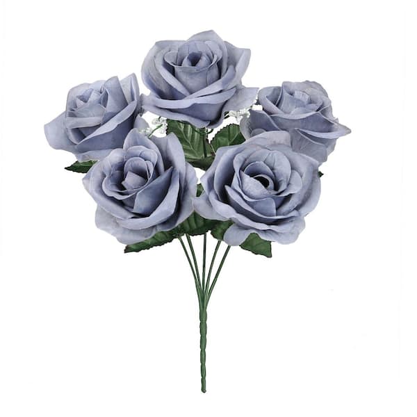 LIVING LUXURY 14 in. Blue Grey Artificial Open Rose Flower Stem Bush Bouquet (Set of 12)