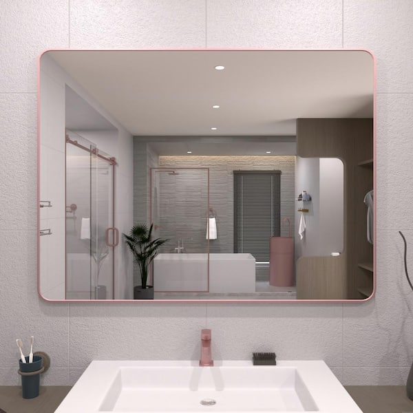 TaiMei 48 in. W x 36 in. H Rectangular Framed Wall Bathroom Vanity Mirror in Rose Gold
