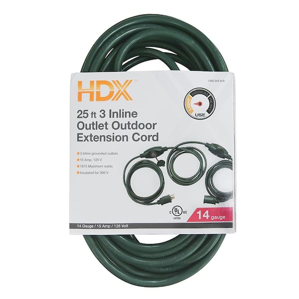 25 ft. 14/3 3 Outlet Extension Cord, Green