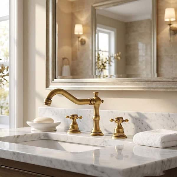 Farmhouse 8 in. Widespread Double Handle Bathroom Faucet 3-Holes With Pop-Up Drain Assembly in Antique Brass
