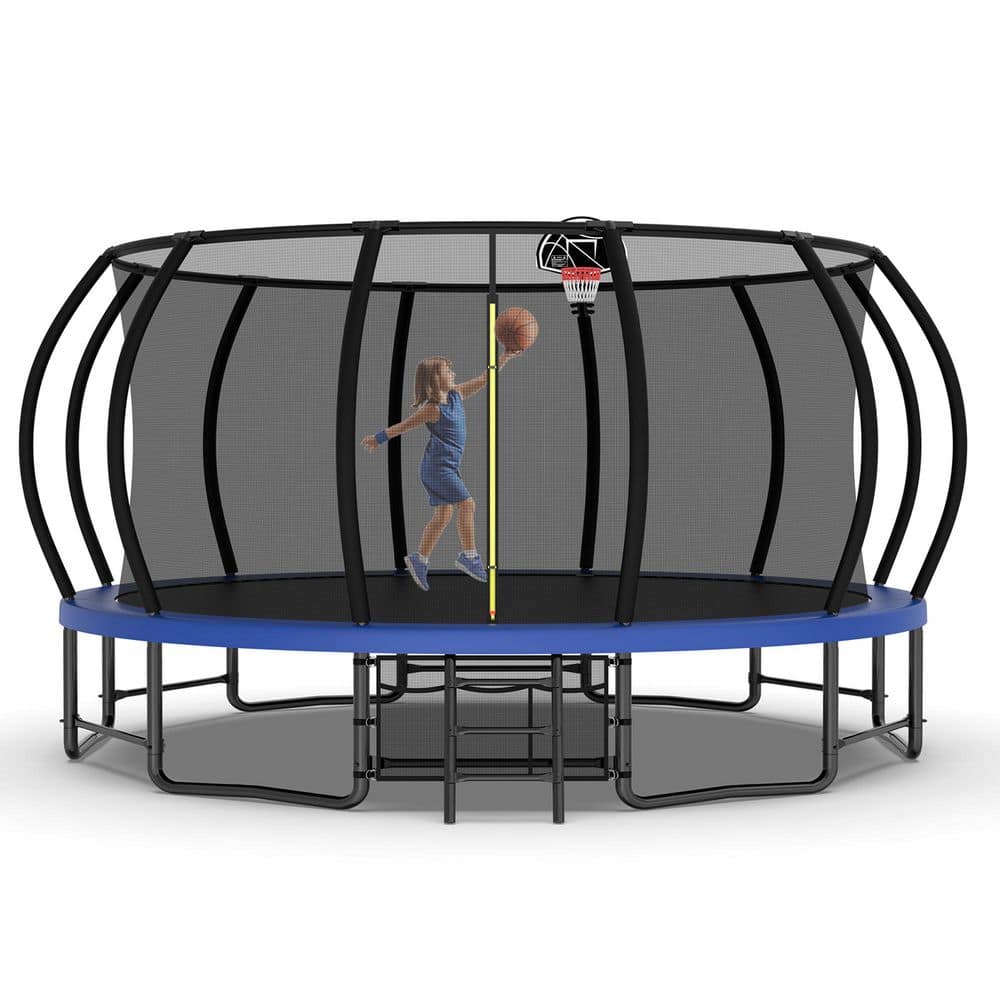16 ft. Outdoor Recreational Trampoline with Basketball Hoop Shoe Bag Enclos