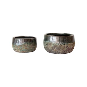 Blue and Brown Textured Terra-Cotta Clay Floor Planters (2-Pack)