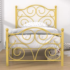 Bed Frame Twin Size Bed Mattress Foundation Support with Headboard and Footboard Metal Platform Bed, Gold