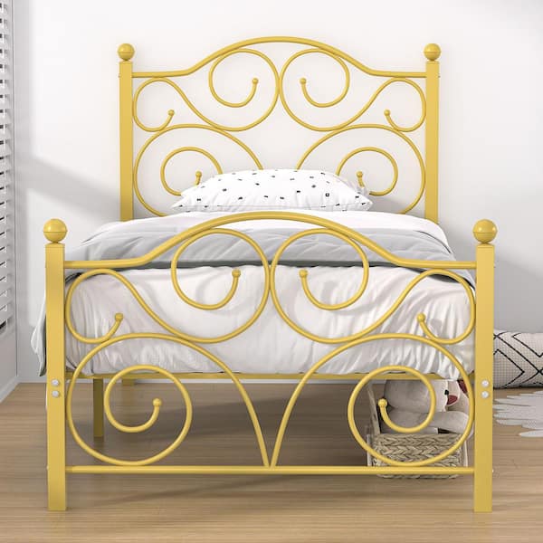 VECELO Bed Frame Twin Size Bed Mattress Foundation Support with Headboard and Footboard Metal Platform Bed, Gold