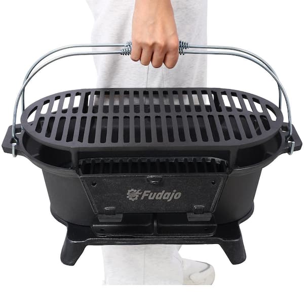 19.63 in. Oval Cast Iron Portable Charcoal Grill in Black with Tabletop Cast Iron Skillet, Camping Stove, Hibachi Grill