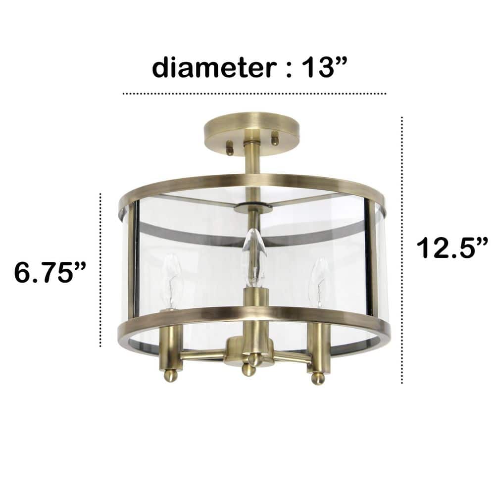Antique Brass 3-Light Glass Drum Semi-Flush Mount