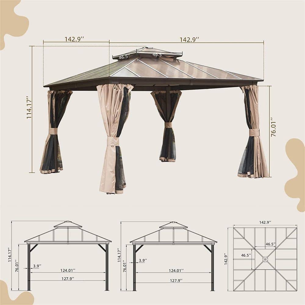 12'x12' Brown Aluminum Hardtop Patio Gazebo with Curtains