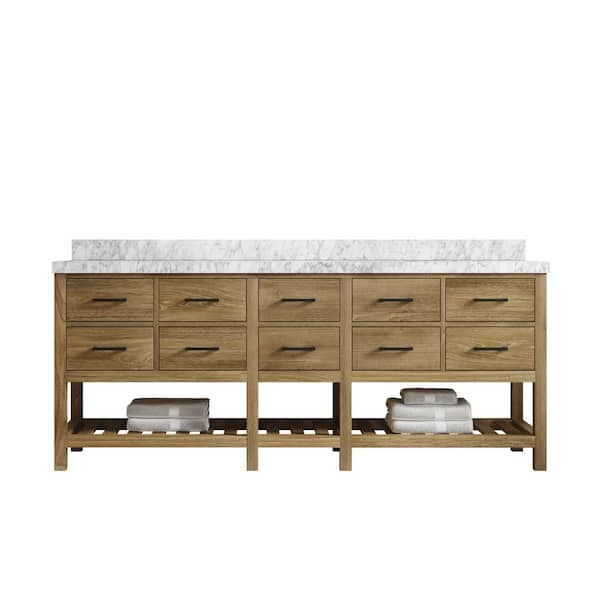 Willow Collections Parker Teak 84 in. W x 22 in. D x 36 in. H Double Sink Bath Vanity in Premium Polish with Regular Carrara Marble Top