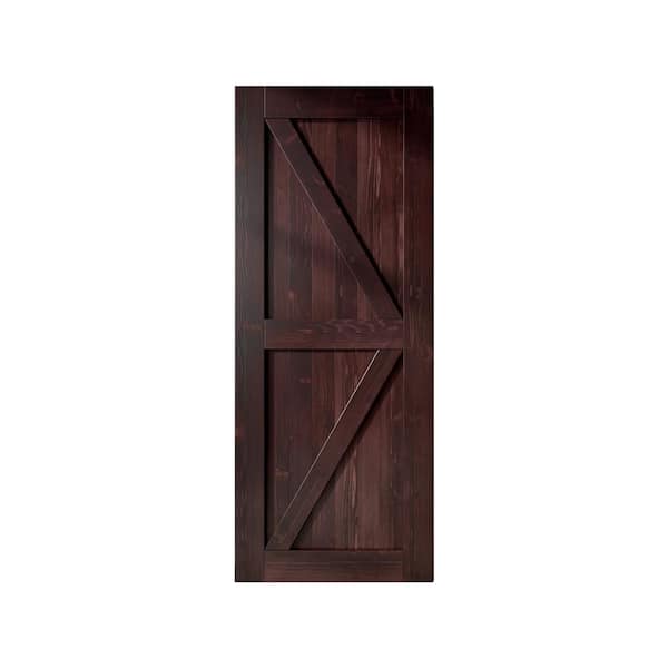 HOMACER 36 in. x 84 in. K-Frame Red Mahogany Solid Natural Pine Wood Panel Interior Sliding Barn Door Slab with Frame