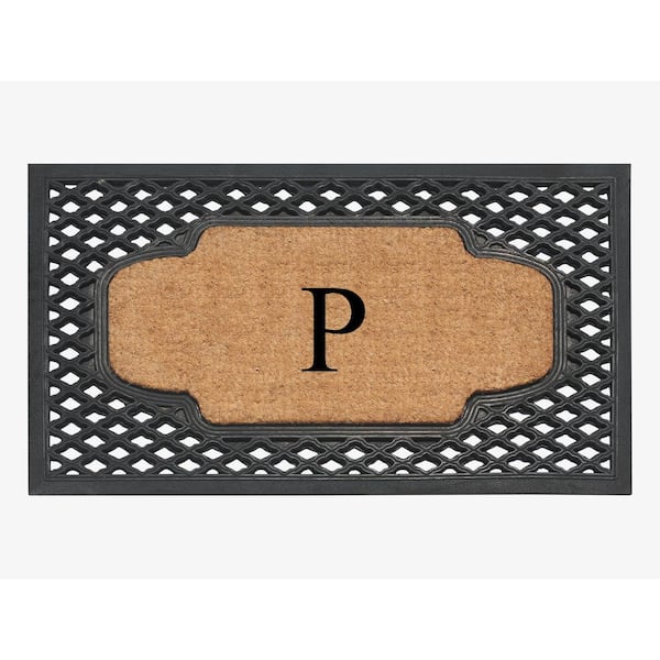 A1 Home Collections A1HC Mesh Border Black 23 in. x 38 in. Rubber and Coir Heavy-Weight Outdoor Durable Monogrammed P Door Mat