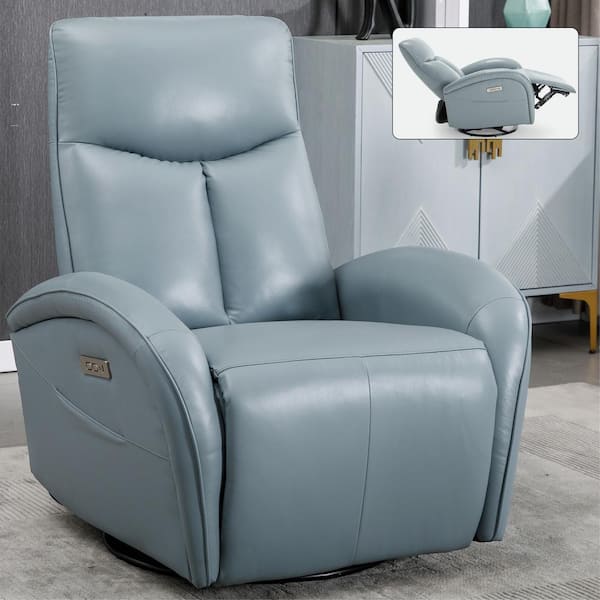 LUCKY ONE Blue Genuine Leather Swivel Rocker Recliner with USB and Type-C Ports
