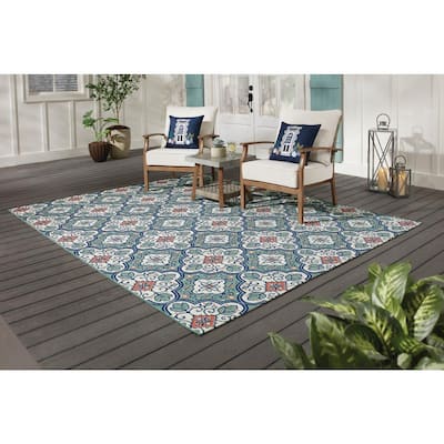 Unknown1 Floral Indoor/Outdoor Area Rug 7'3 Square Blue Botanical Transitional Olefin Synthetic Latex Free Pet Friendly Stain Resistant 