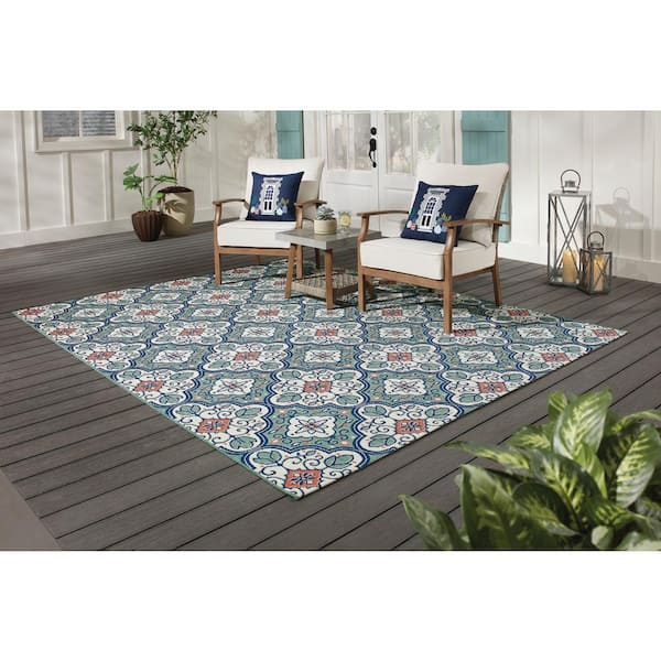 Star Moroccan 8 ft. x 10 ft. Teal/White Indoor/Outdoor Patio Area Rug