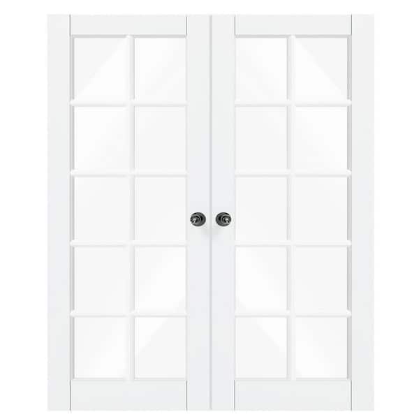 TENONER 64 in. x 80 in. Composite, MDF, 10-Lite, Clear Glass, Primed, White Interior Door Slab with Black Goal Doorknob