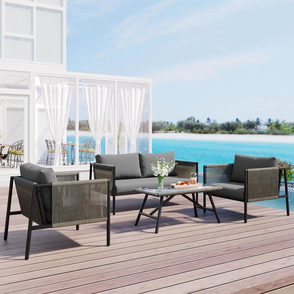 4-Piece Hand-Woven Rattan Wicker Rope Patio Conversation Set with Gray Remo