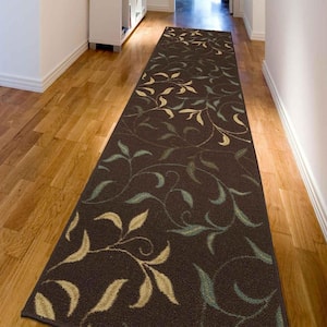 Ottohome Collection Non-Slip Rubberback Leaves Design 3x10 Indoor Runner Rug, 2 ft. 7 in. x 9 ft. 10 in., Dark Brown