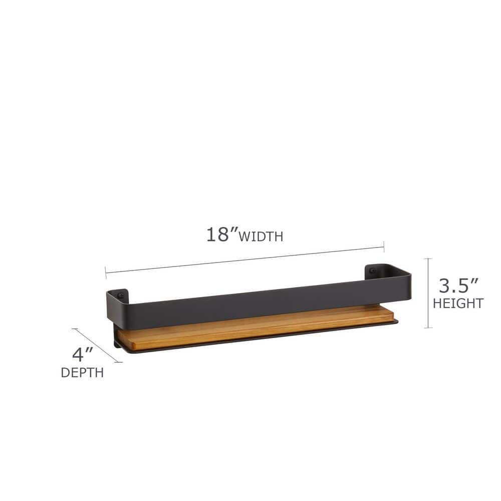 Matte Black and Teak Wood Wall Mounted Shower Shelf