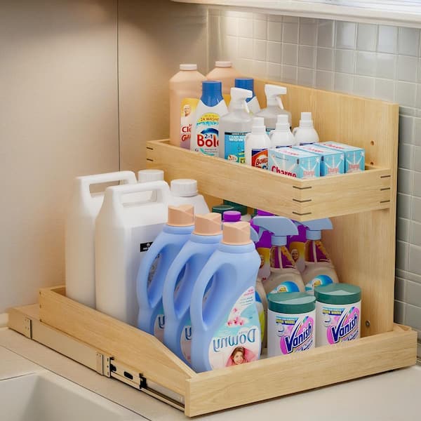 22.5" W Kitchen Under Sink Storage Drawer, Pull Out Drawer with Soft Close, Adjustable, U Bracket (Left)-Natural