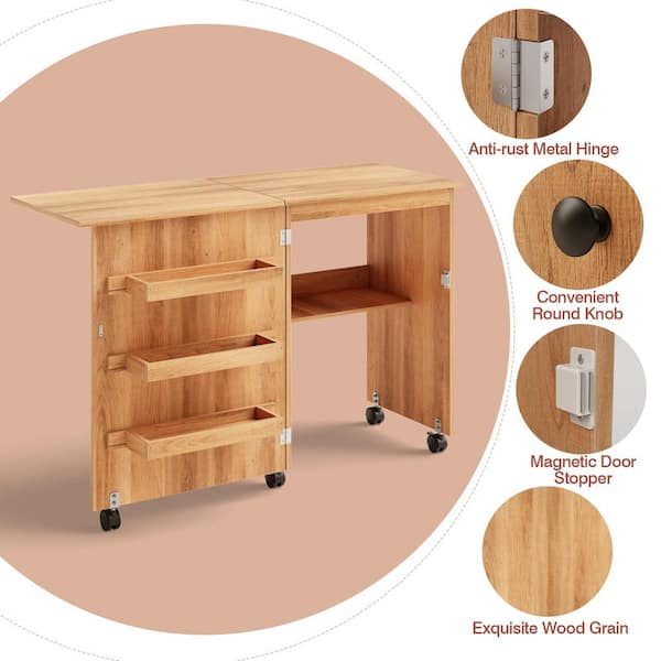 Bunpeony Natural Wood 47 in. W Kitchen Prep Table Folding Sewing Craft Table Shelf