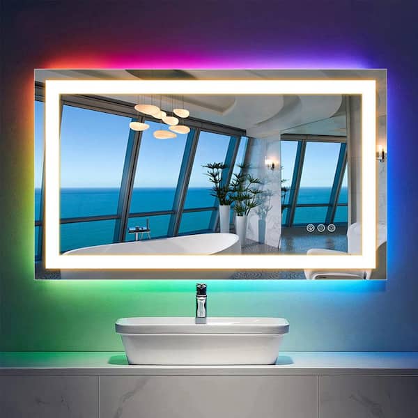 Apmir 40 in. W x 24 in. H Rectangular Frameless RGB Backlit LED Frontlit Anti-Fog Tempered Glass Wall Bathroom Vanity Mirror