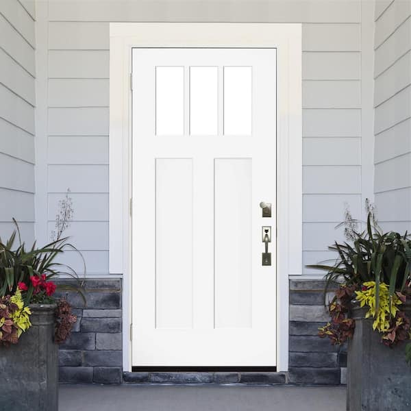 36 in. x 80 in. Legacy 3 Lite Toplite Clear Glass Left Hand Inswing White Primed Fiberglass Prehung Front Door