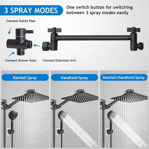 1-Piece High Pressure Rain Shower Head in Matte Black with 11 in. Adjustable Extension Arm and 5 Settings Handheld