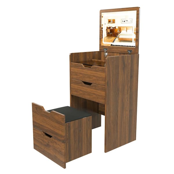 Flip Top Makeup Vanity Desk with LED Lighted Mirror Storage Drawers and Padded Stool for Small Bedroom Apartment