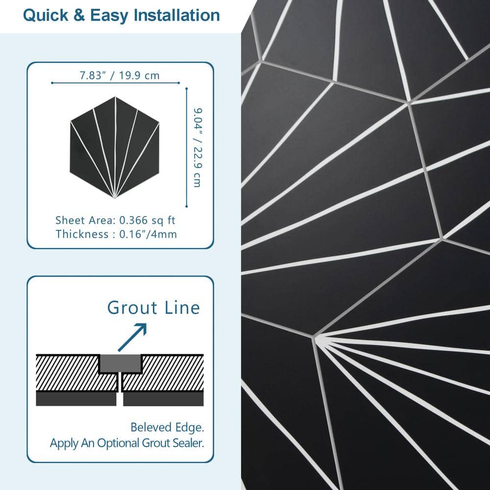 Black and White Hexagon Peel and Stick Vinyl Floor Tiles