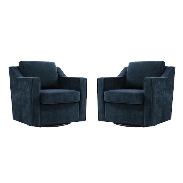 Modern Navy Chenille Upholstered Swivel Accent Barrel Chair with Metal Base (Set of 2)