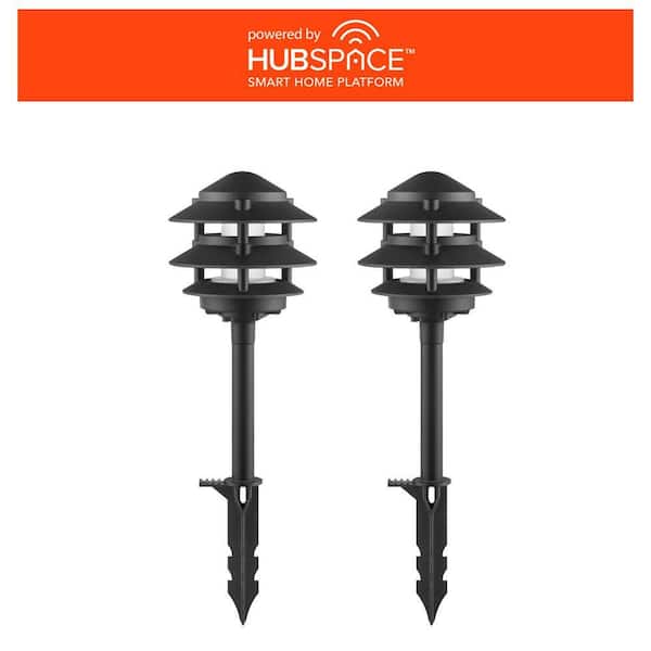 Smart Low Voltage Black Plug-in 3-Tier RGBw Integrated LED Landscape Path Light Kit Powered by Hubspace (2 Pack)