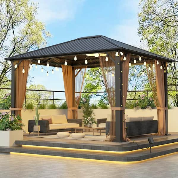 Clihome 10 ft. x 12 ft. Galvanized Steel&Polycarbonate Hardtop Gazebo with Mosquito Net