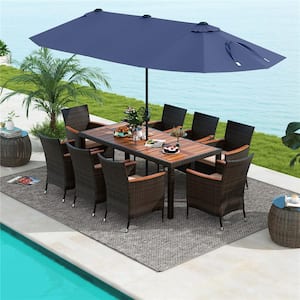 Brown 11-Piece Metal Rectangle 29 in. Outdoor Dining Set with 15 ft. Navy Double-Sided Patio Umbrella in Beige Cushion