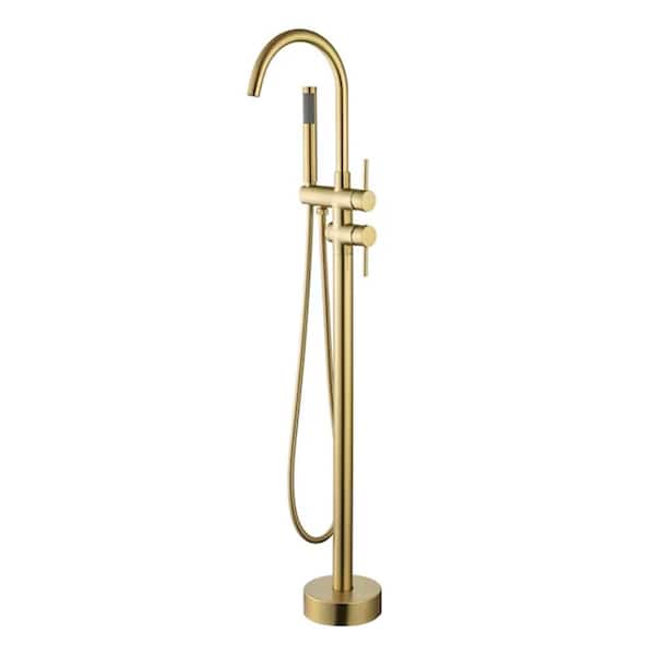 Unbranded Double-Handles Floor Mount High Flow Bathtub Faucet Freestanding Tub Filler with Handheld Shower in Brushed Gold