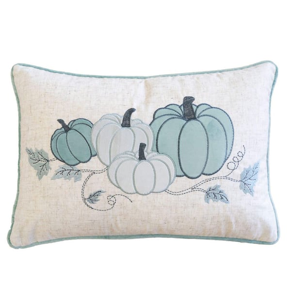 Aqua Blue Outdoor Pumpkin Lumbar Pillow, Double-sided Cotton and Velvet Halloween Accent Cushion(14 x 20 in. )