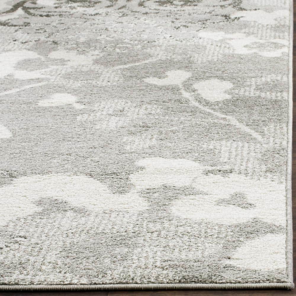 Elegant Silver/Ivory Floral 6' Square Synthetic Reversible Rug
