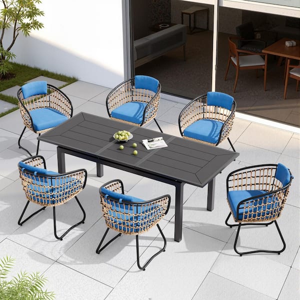 7-Piece Aluminum Wood-Like Rectangular Expandable Outdoor Dining Set with Faux Rattan Wicker Blue Cushion Chairs