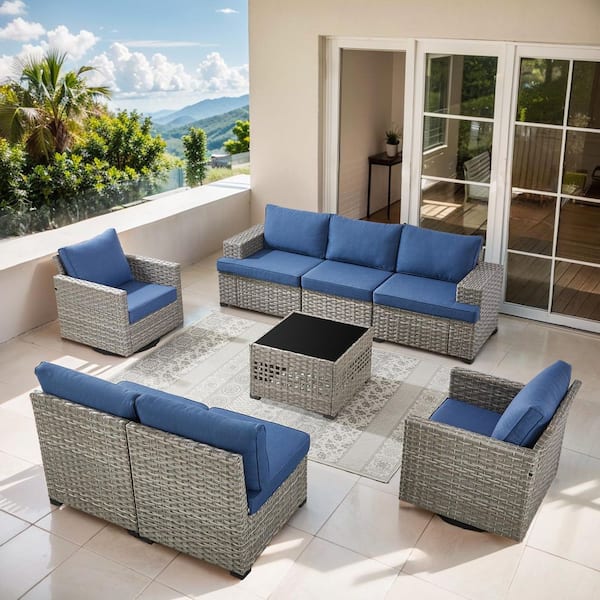 Opohoro ModNest Taupe 8-Piece Wicker Patio Conversation Set, Modular Sofa Set with Navy Blue Cushions and 2 Swivel Gliders