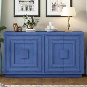 Navy Blue MDF 60 in. Vintage Sideboard with Adjustable Shelves, Geometric Pattern