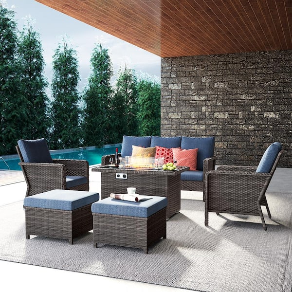 Brafab 6-Piece Wicker Patio Conversation Set with Gas Fire Pit Table ...