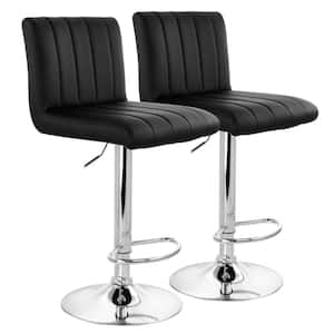 35 in Black and Chrome Medium Back Tufted Faux Leather Bar Stool with Adjustable Height (Set of 2)