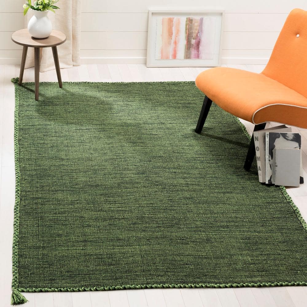 Handmade Green and Black Cotton Flat Woven Reversible Rug, 2' x 3'