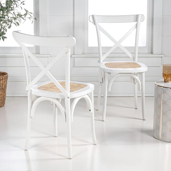 JONATHAN Y Cassis Classic Traditional X-Back Wood Rattan Dining Chair, White/Natural (Set of 2)