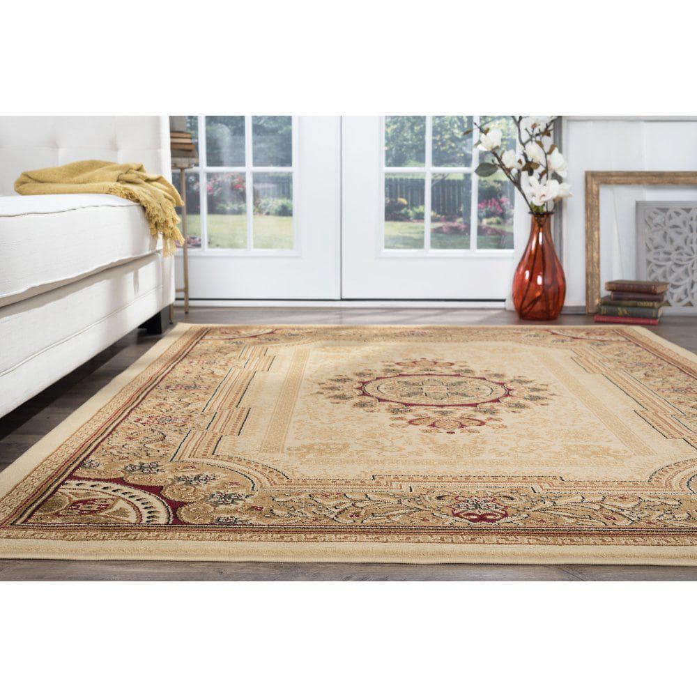 Ivory Rectangular Oriental Synthetic 5' x 7' Area Rug