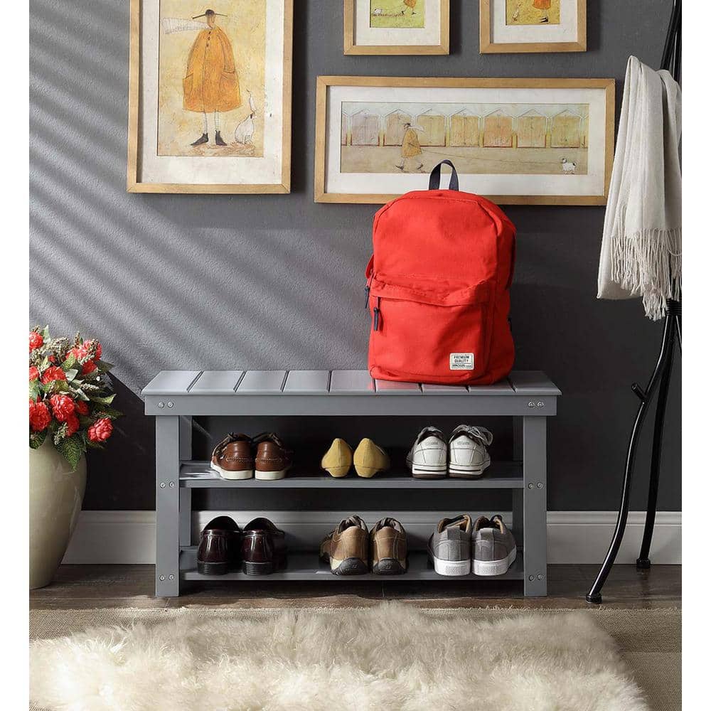 Gray Wood Entryway Bench with Storage Shelves