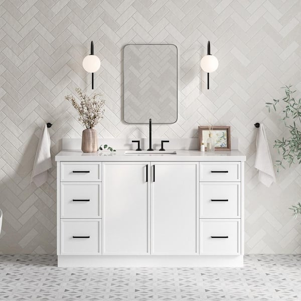 ARIEL Kelly 61 in. W x 22 in. D x 36 in. H Single Sink Bath Vanity in White with Pure White Quartz Top